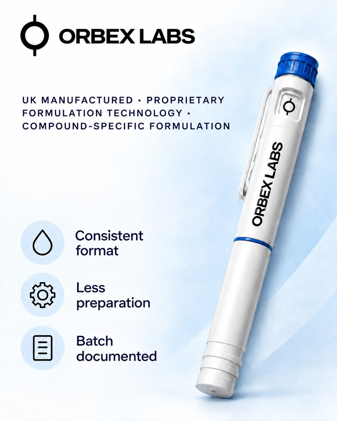 Orbex Labs research-ready pens: pre-mixed, pre-filled, batch identified. For research use only.